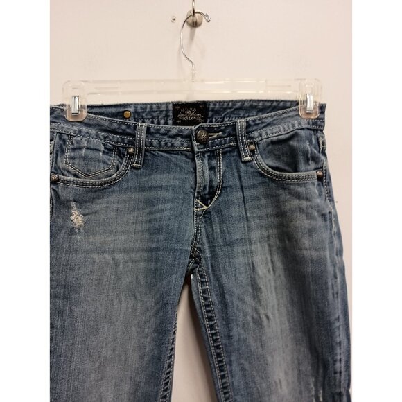VTG Y2K Rerock For Express Bootcut Jeans Womens Sz 4 Short Blue Denim Distressed - Picture 2 of 12